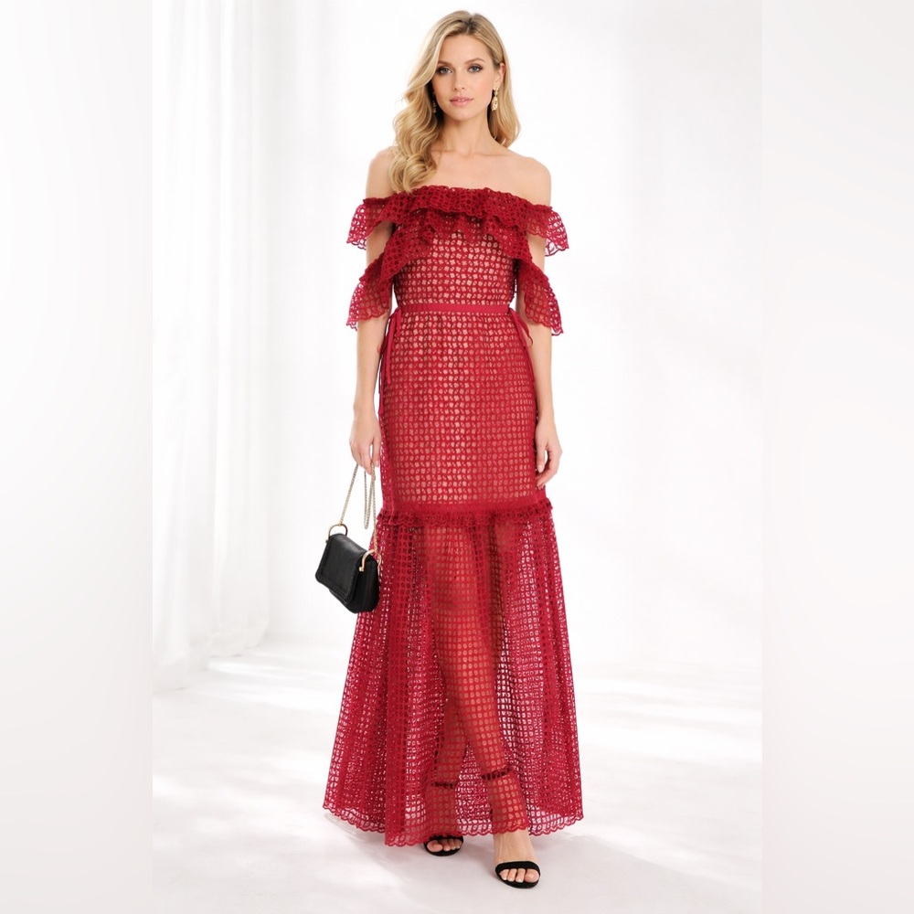 Self Portrait Red Frill Cutwork Lace Maxidress Sz. 6 NWT